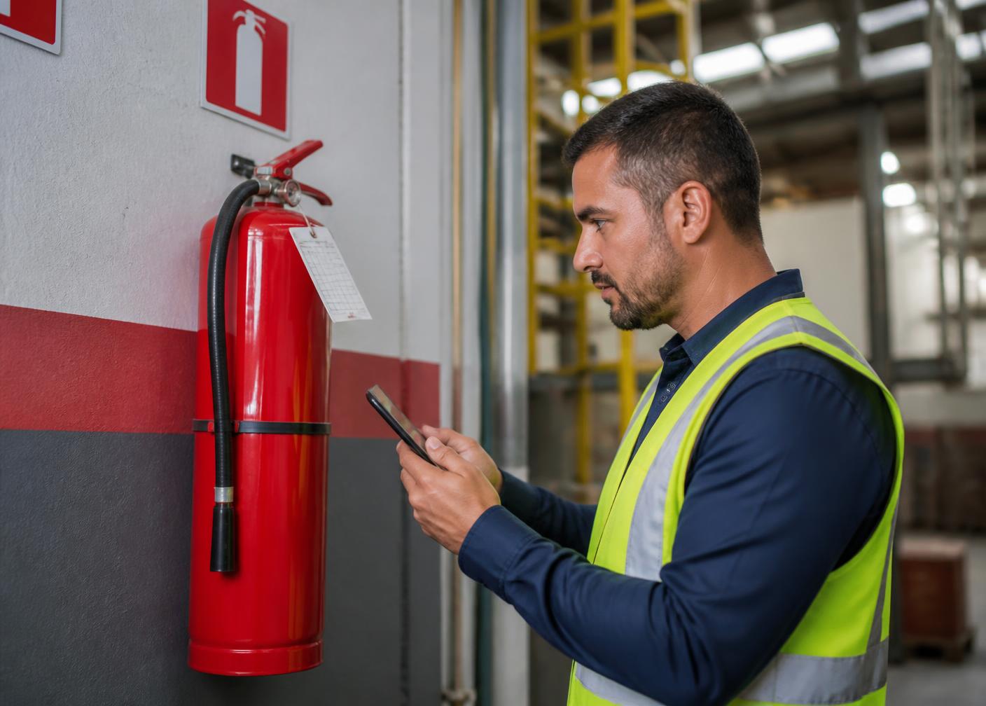Inspetor de segurança com colete verificando o manômetro de um extintor vermelho em ambiente industrial